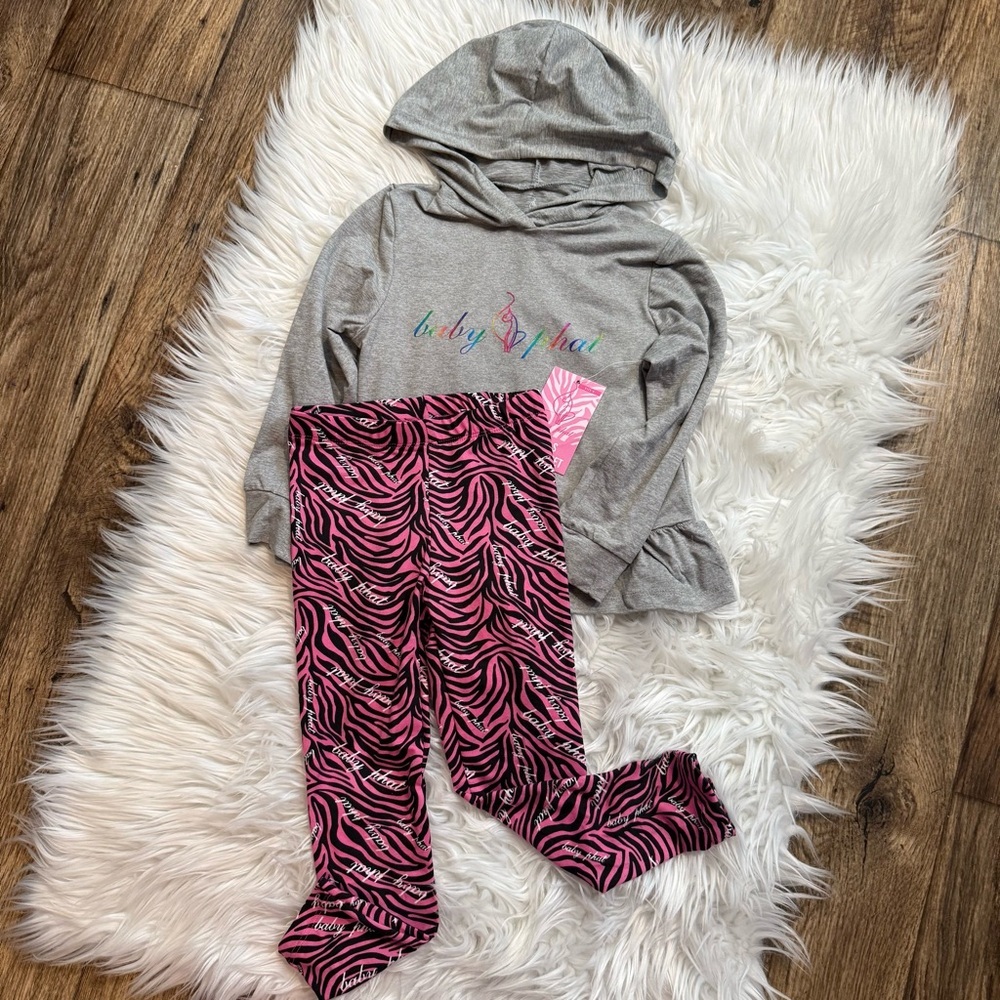 Baby Phat Girls Size 4 Gray‎ Hoodie Pink Zebra Leggings 2 Piece Set NWT